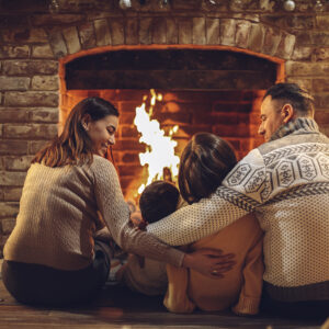 Family Enjoying Wood Burning Masonry Fireplace in Antioch IL